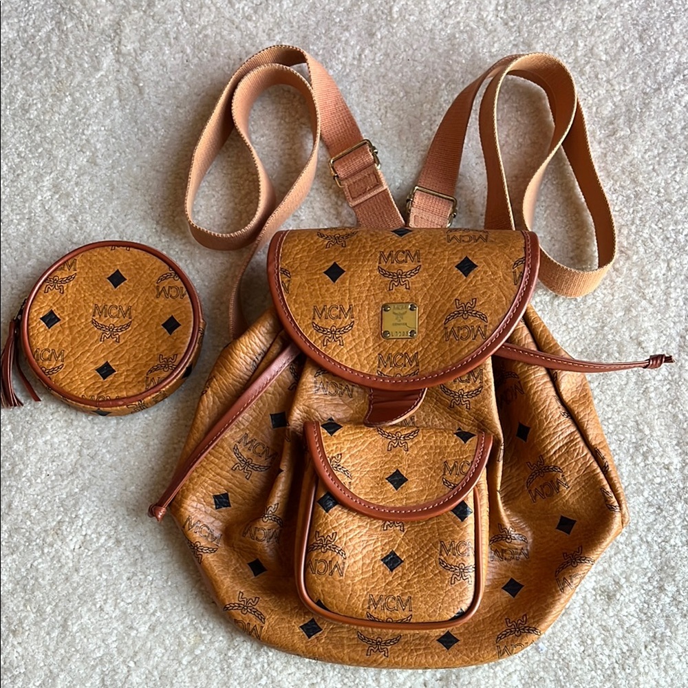 MCM Cognac Visetos Backpack and Coin Pouch